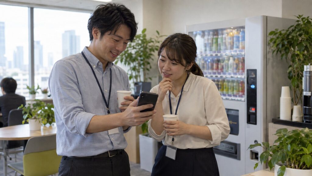 職場で同僚から引っ越しの話を聞いている場面