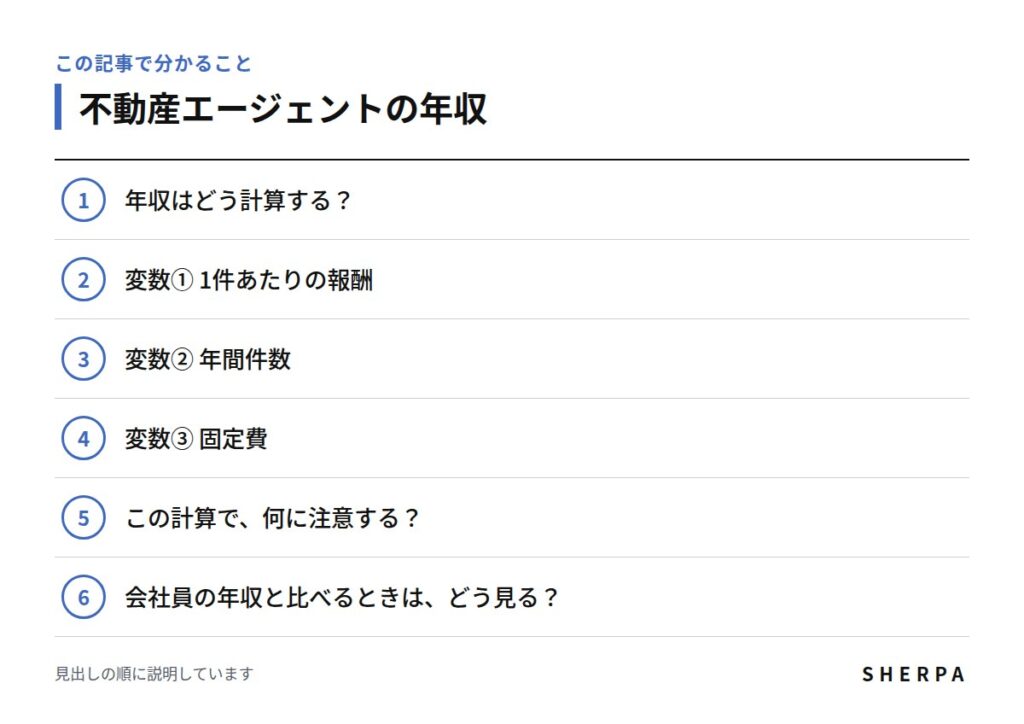 不動産エージェントの年収の記事で分かることの一覧