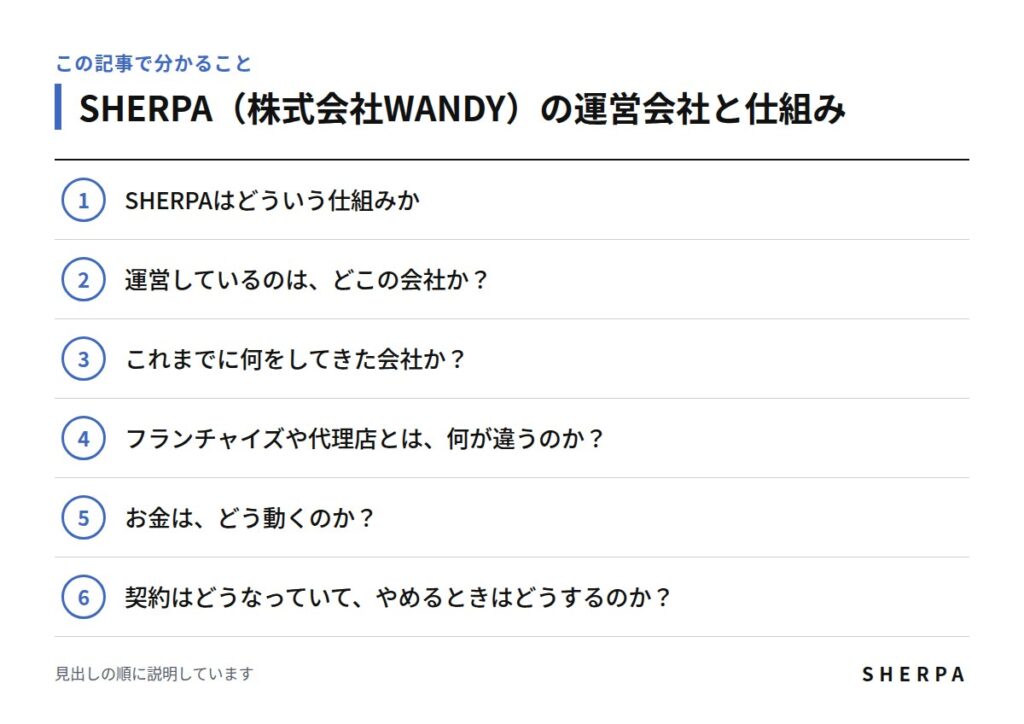 SHERPA(株式会社WANDY)の運営会社と仕組みの記事で分かることの一覧